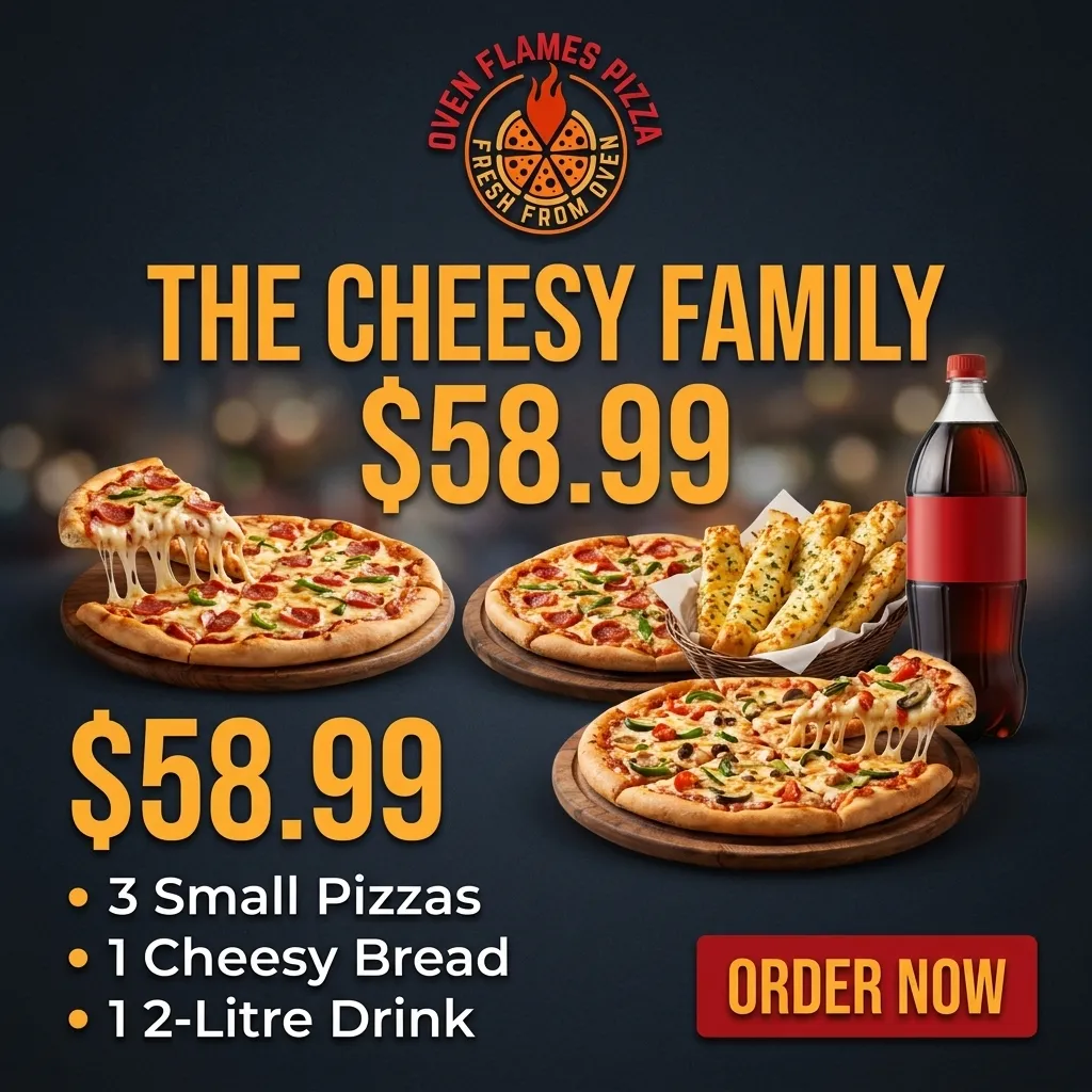 The Cheesy Family combo — 3 small pizzas, 1 cheesy bread and a 2-litre drink for $58.99 at Oven Flames Pizza Marlborough, Calgary NE