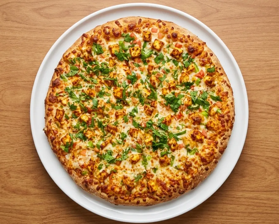 Shahi Paneer Pizza with shahi paneer sauce, paneer, tomato, onion and mozzarella at Oven Flames Pizza, Calgary NE